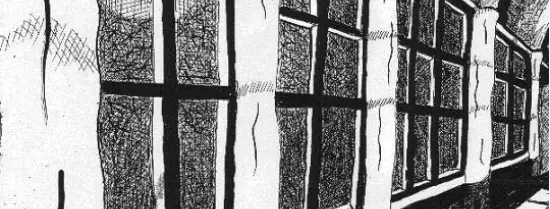Etching of a coridor with high windows - Peter van Bergeijk